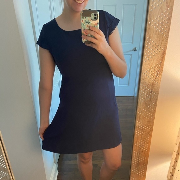 Nicole Miller Navy Fit & Flare Scalloped Trim Cap-sleeves Pockets Dress Size 10 - Picture 1 of 6
